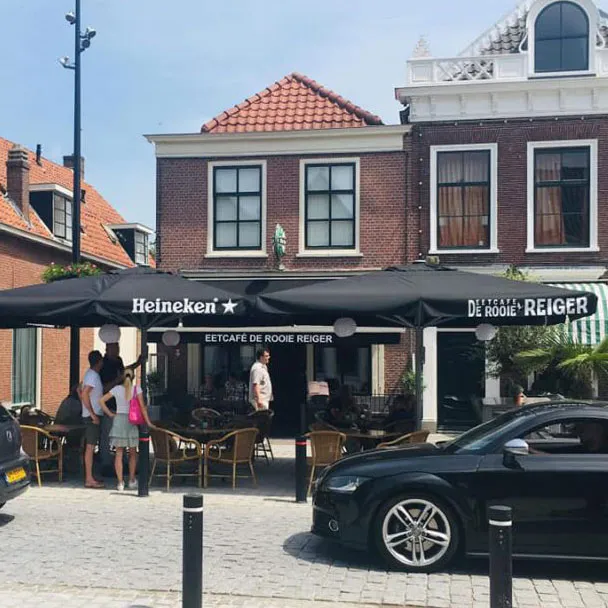 rooie-reiger Reclamebedrukking horeca parasol